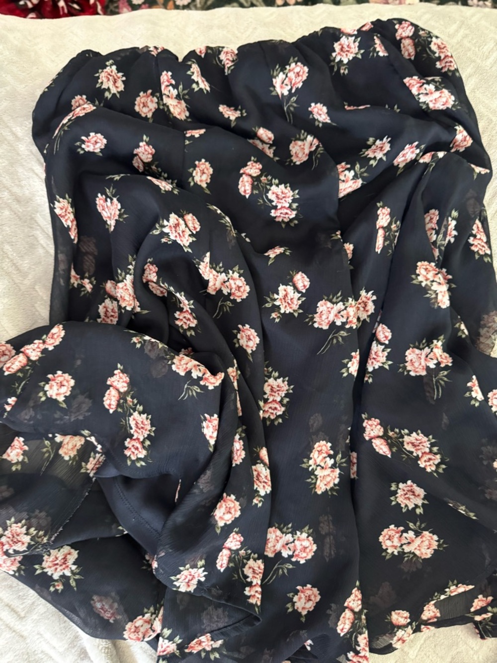 CJ Banks Navy & Pink Floral Chiffon Midi Skirt 1X